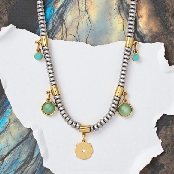 πBoho Chic Two Tone 18K Gold Plated Stainless Steel Necklace Floral Charm - Picture 5 of 13